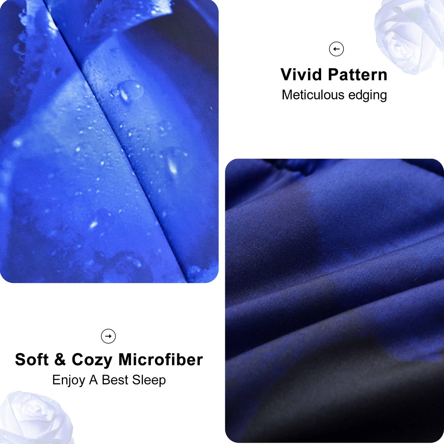 WONGS BEDDING Blue Comforter Set Queen, Reversible Blue Rose Pattern Printed Bedding Comforter Set with 2 Pillowcases for All Seasons, Soft Microfiber Filling Bedding Set 90"x90"