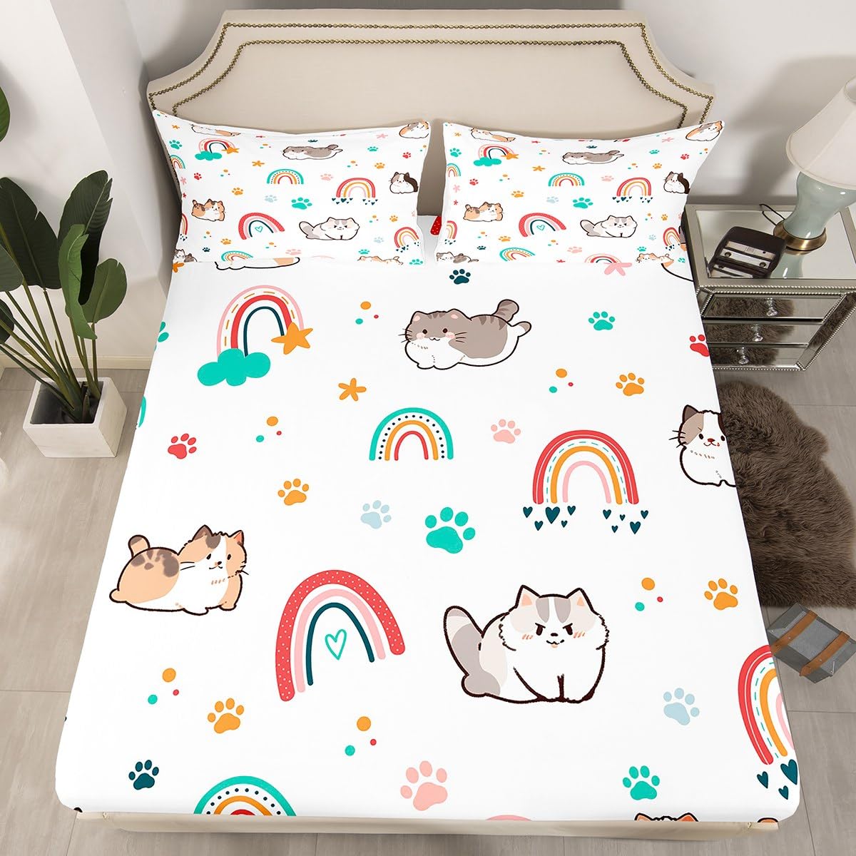 Kawaii Cats Bed Sheet Set for Kids,Rainbow Stars Cloud Cute Sheets Set,Cartoon Kittens Animal Home Decor Sheet Sets with Deep Pocket,Top Sheet,1 Pillow Case,Twin