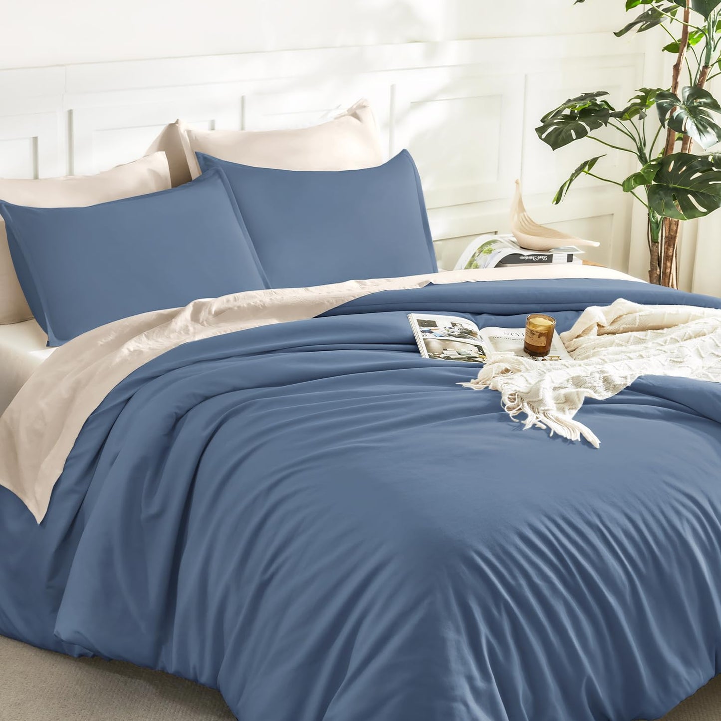 Litanika Haze Blue Comforter King Size, 3 Pieces Lightweight Solid Bedding Comforter Set, All Season Fluffy Bed Set (104x90In Comforter & 2 Pillowcases)