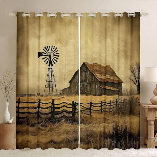 Erosebridal Rustic Farmhouse Blackout Curtains Vintage Barn Windmill Window Curtains 38"Wx45"L Teen Adult Sepia Brown Grass fence Window Treatments Drapes for Bedroom Retro Countryside 2 Panels Decor