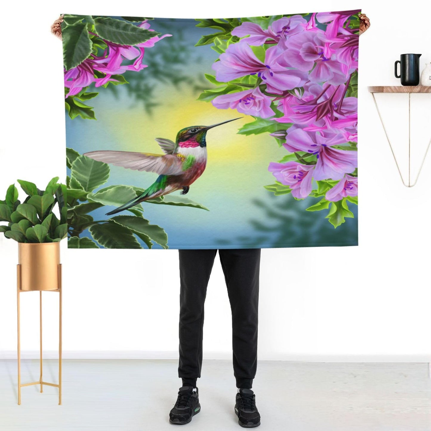 Jfniub Hummingbirds and Brilliant Flowers Nature Landscape Blanket Throw Bedding Room Decor Flannel Blankets for Bedroom Living Rooms Warm All Season 50"X40"