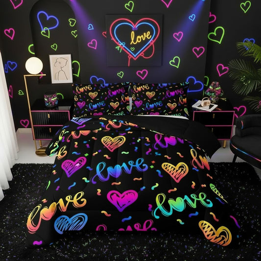 QOOMO Colorful Love Kids Bedding Set, Love Heart Print Comforter Set for Boys Girls Teen Room Decorat, Black Soft Lightweight Bed Set All Season Queen Size, 1 Comforter Set 2 Pillowcases