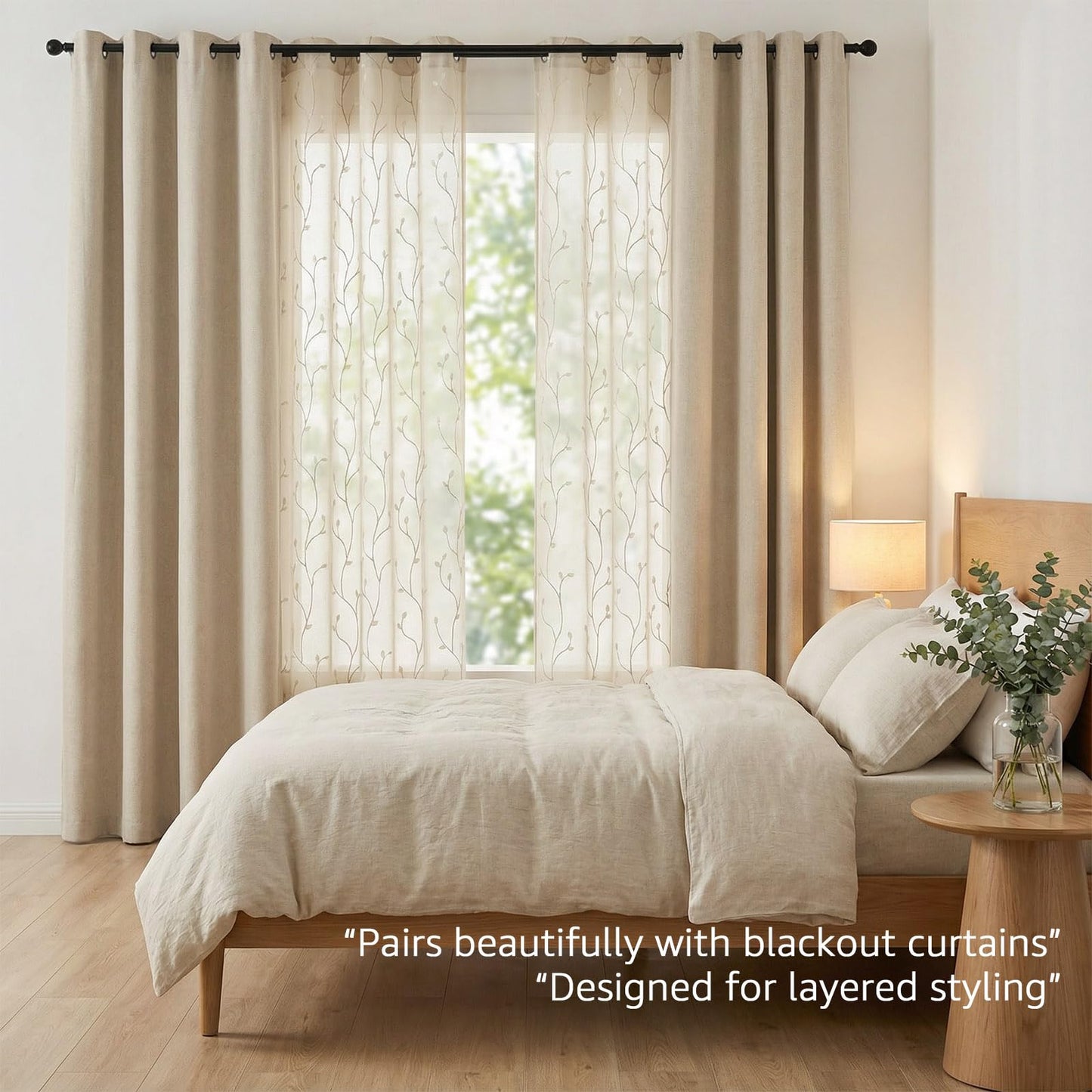 jinchan Sheer Curtains for Bedroom 96 Inch Length Leaf Embroidered Semi Sheers for Living Room Botanical Embroidery Voile Transparent Grommet Window Treatments 2 Panels