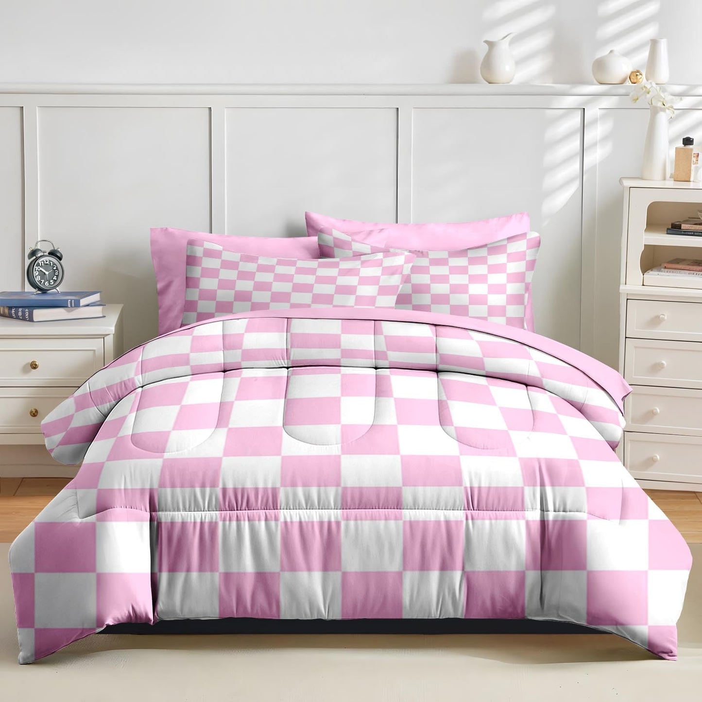 Nesker Comforter Set King Size, Light Pink Plaid Gingham 7 Pcs Bedding for Kids and Adults, Checkerboard Grid Bed Sheet Sets with Fitted Sheet 2 Pillowcases & 2 Shams