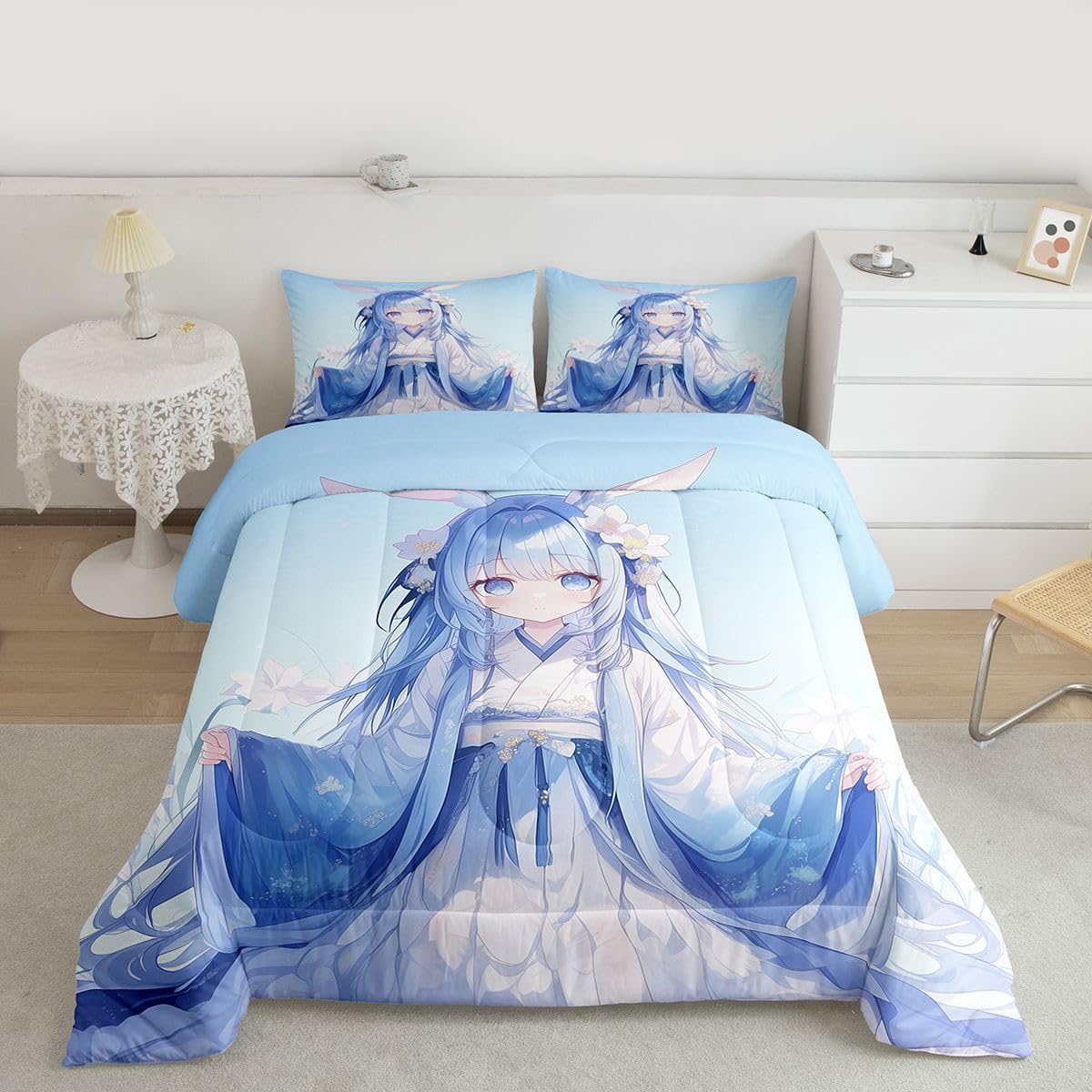 Erosebridal Traditional Japanese Comforter Set, 3D Anime Bedding for Kids Girls, Kawaii Decor With Blue Butterfly, Down Comforter Full Size