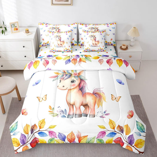 Cartoon Unicorn Bedding Queen Size 7pcs for Child Cute Animal Bed in a Bag, Kawaii Polka Dots Reversible Comforter Set Multicolor Leaves Bedding Comforter Sets, Girly Butterfly Bedding Accessories