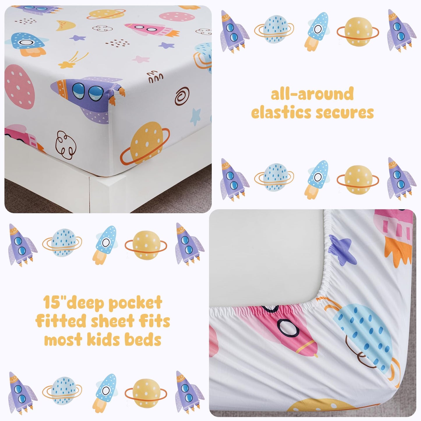 Ocharo Kids Outer Space Theme Sheet Set Twin Size,Soft Bed Sheets with Rocket Planet Printed - Fade Resistant Universe Bedding Sets 3 Pieces Breathable Deep Pocket Fitted Sheet for Boys Girls,Colorful