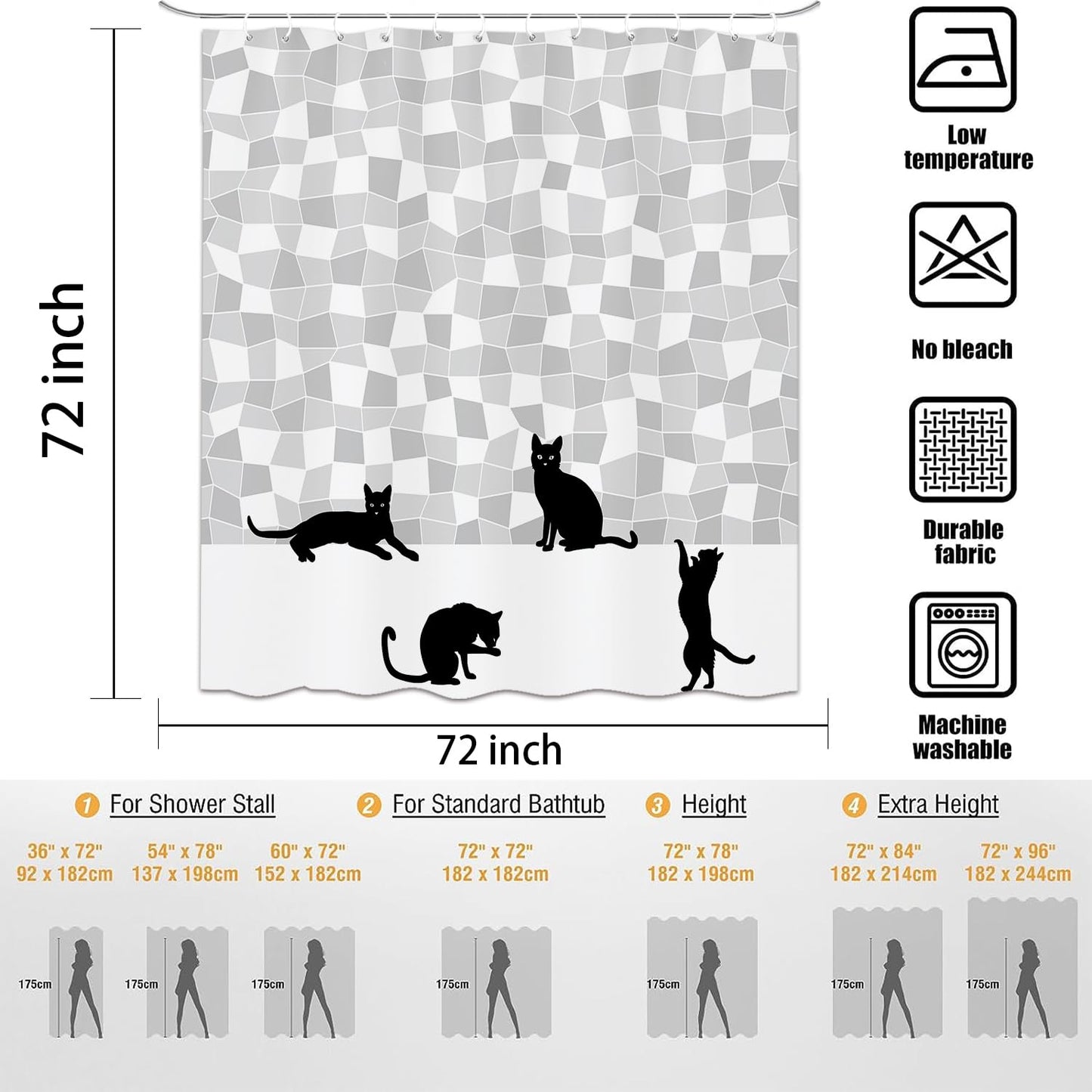 Emwnodti Funny Shower Curtain Set, Cute Black Cat Gray White Mosaic Bath Curtain, Fun Silhouette Shower Curtain Polyester Fabric Waterproof Durable, 12 Hooks 72x72 inch