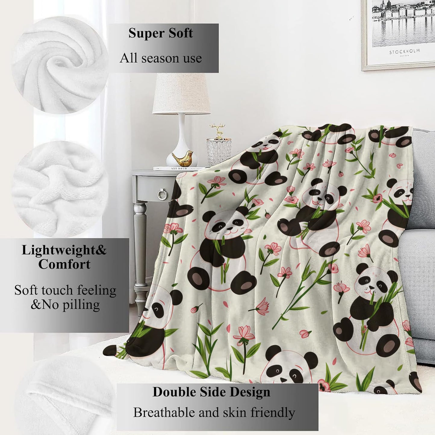 VODRM Cartoon Panda Blanket Cute Animal and Floral Flower Throw Blankets,Birthday Gifts for Kids & Animal Lovers,Lightweight Soft Fleece for Sofa Couch Bed Room Travel Farmhouse Decor 50x60in