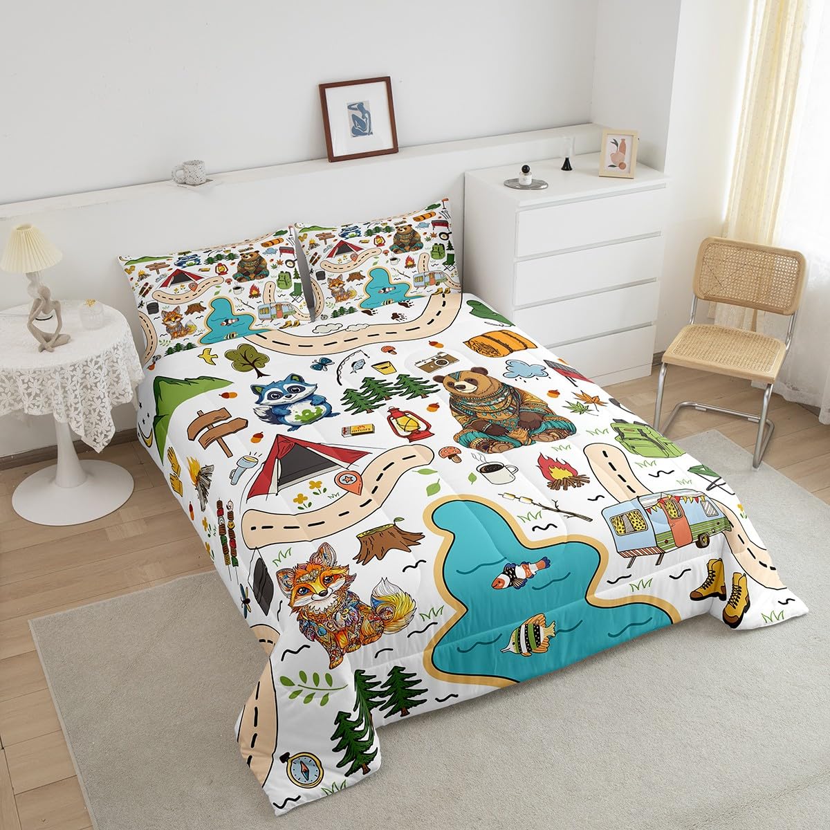 Feelyou Camping Adventure Bedding Set,Kids Boys Girls Full Size Cartoon Animal Tent Mountain Tree Comforter Set,Ultra Soft Camping Bonfire Outdoor Activities Comforter,Art Printed Duvet Quilt,Quilt