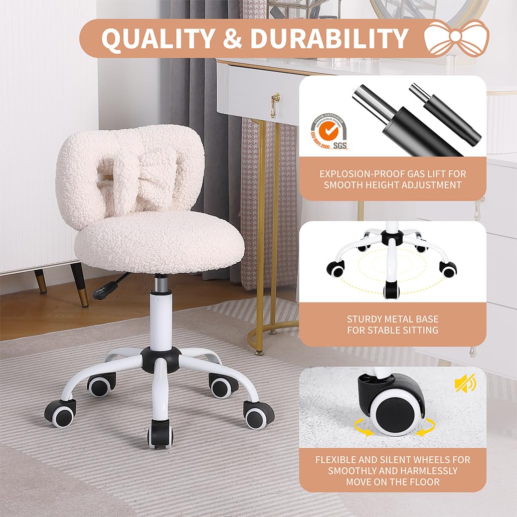 Ermnois Kids' Desk Chair with Bow Design, Cute Upholstered Swivel Chair with Wheels and Adjustable Height, Small Comfy Armless Chairs for Girls/Children (Cream)