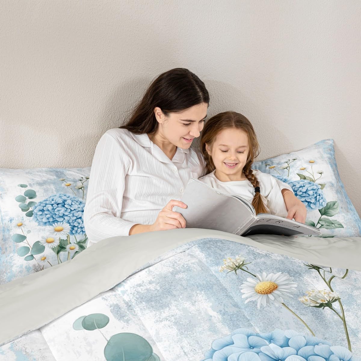 Erosebridal Blue Hydrangea Flower Queen Comforter Set Spring Blossom Bedding Set Abstract Oil Painting Bed Set Watercolor Floral Rustic Farmhouse Quilt Set Ombre Blue Grey Design for Adults