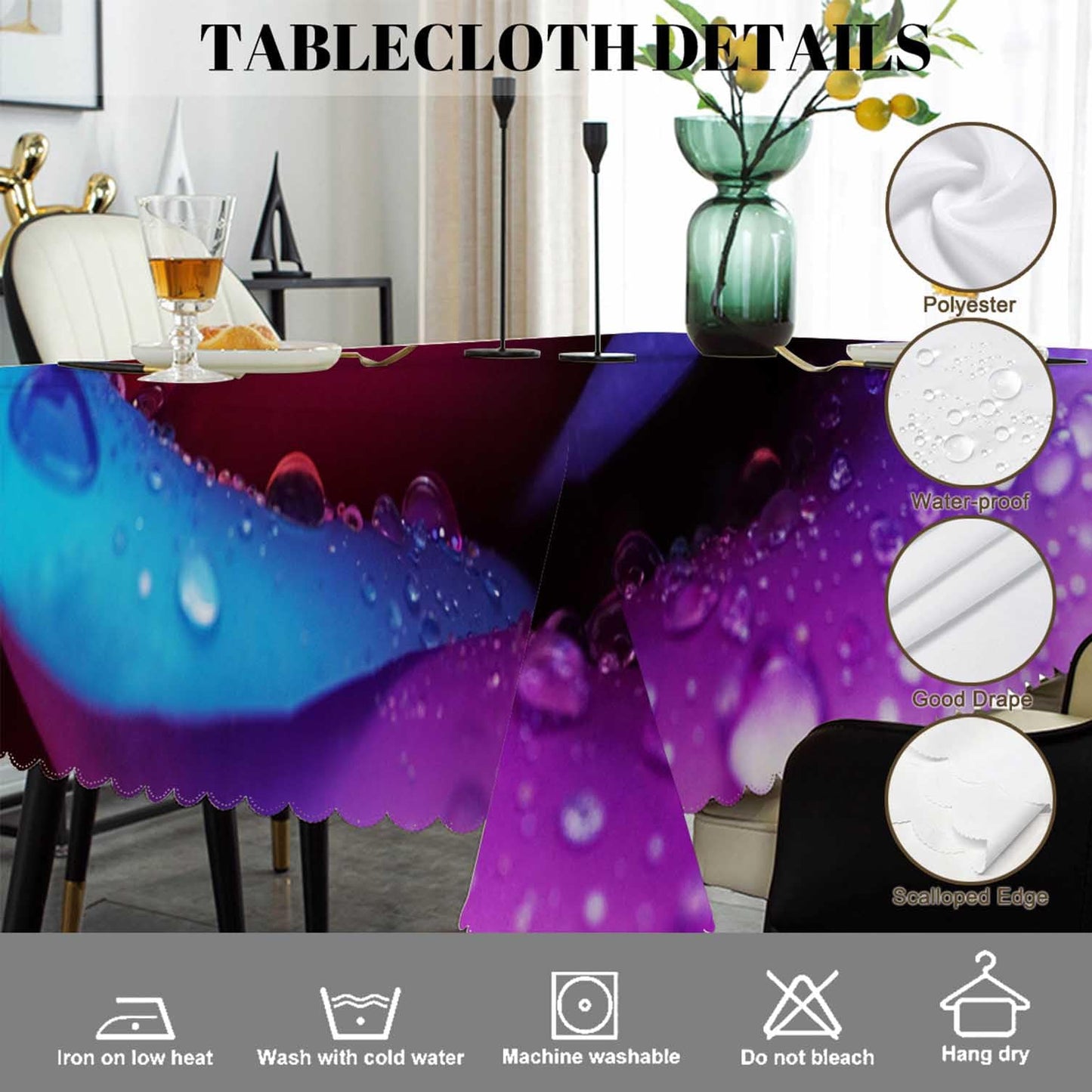 Swono Rose Table Cover Colorful Rose Flowers with Water Drops 50x72 Inch Table Cloth Kitchen Dinning Tablecloth for Rectangle Tables Buffet Parties Coffee BBQ Weddings