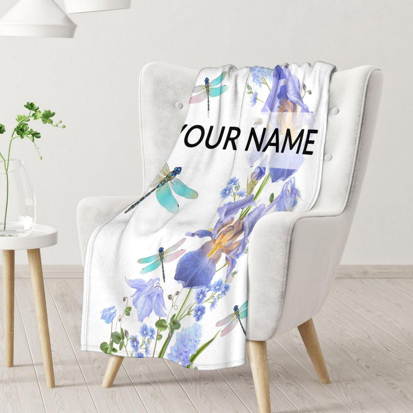 Personalized Dragonfly Blanket with Name - Soft, Fuzzy & Warm - 60"x80" Twin Size Blanket for Bed, Couch & Living Room - White Aesthetic Throw Gifts for Women