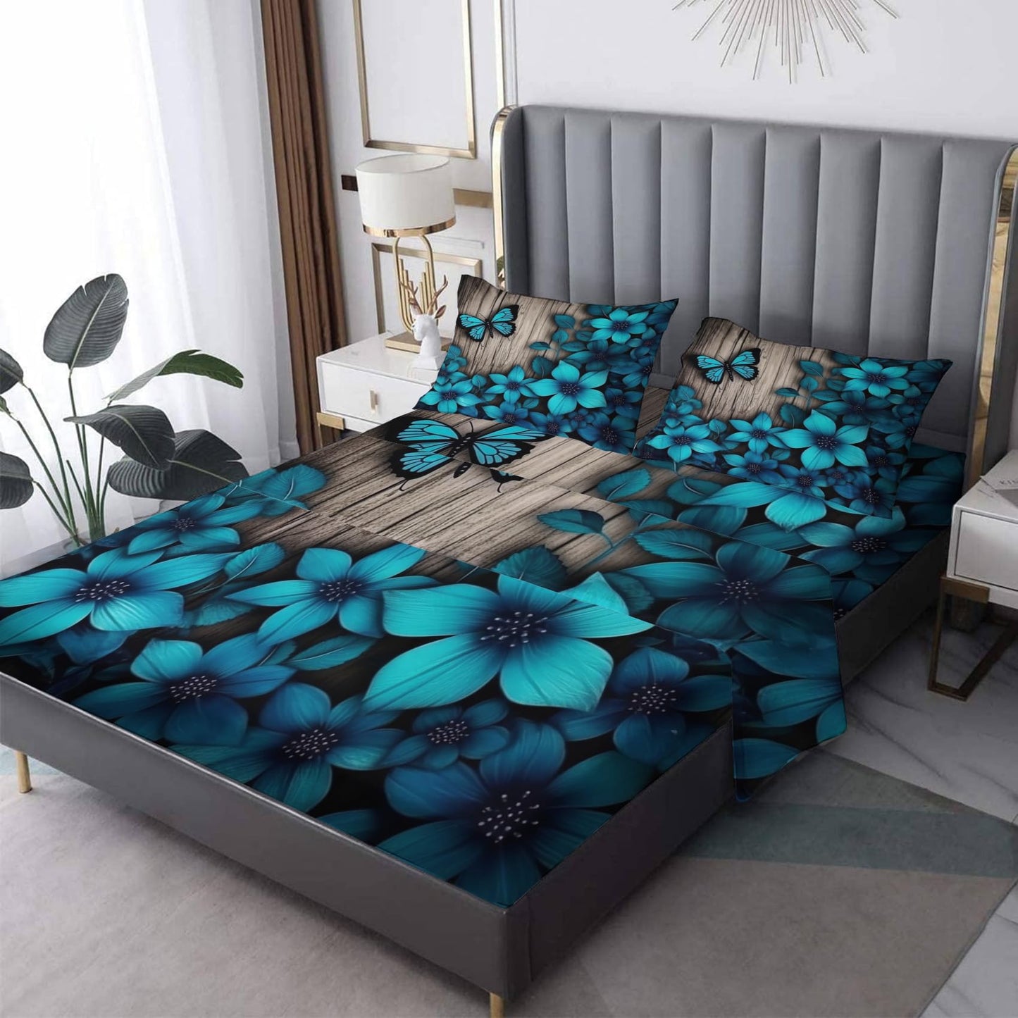 zcsm Rustic Wooden Sheets King Size - Turquoise Butterfly Floral Bed Sheets, Soft Microfiber & Deep Pocket & Wrinkle Free Bedding Sheets & Pillowcases, 1 Fitted Sheet, 1 Flat Sheet, 2 Pillow Cases