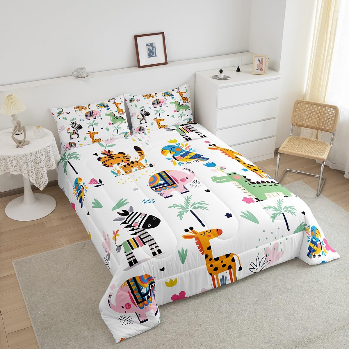 Feelyou Zoo Animals Comforter Set for Girls Boys Kids Twin Size Giraffe Elephant Dinosaur Comforter Room Decorative Wild Animals Bedding Set Cartoon Animal Duvet Set 3Pcs Quilt Set