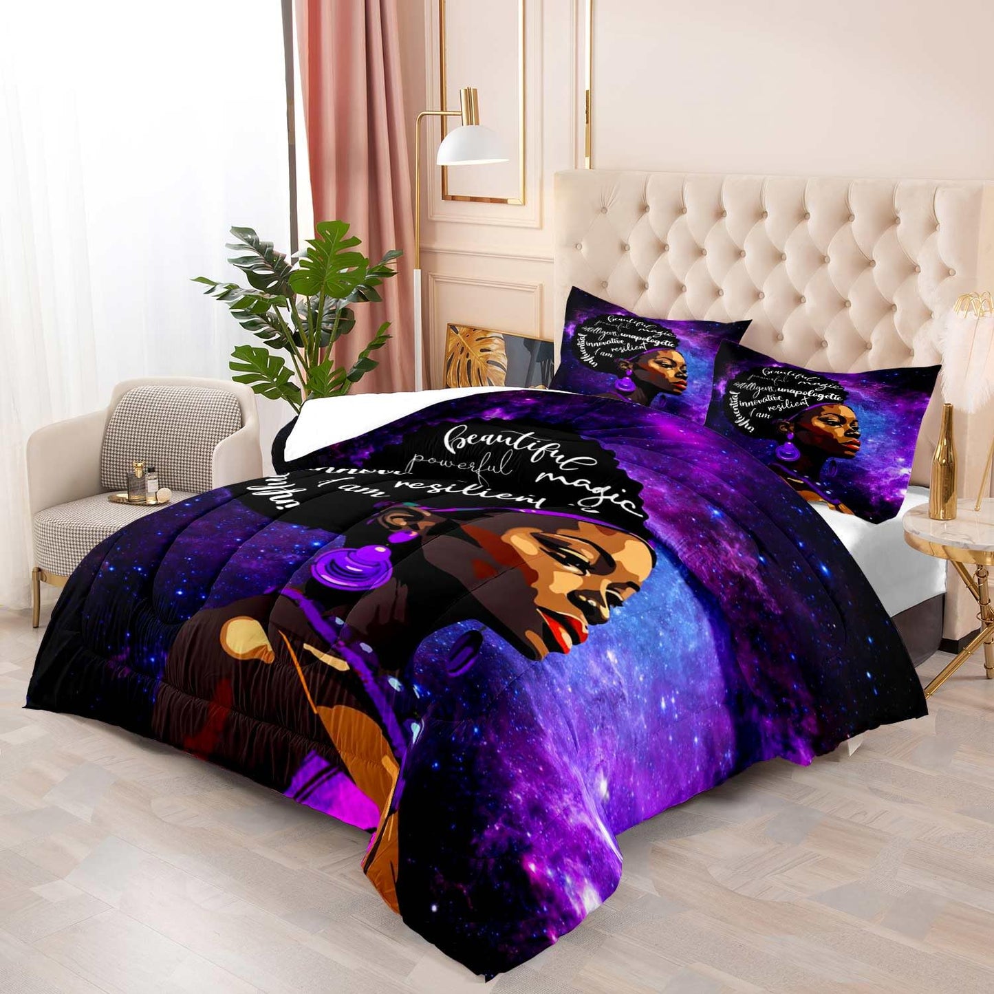 LUVIVIHOME 3PCS Black Girl Comforter Set King Size, Purple Galaxy Starry Sky Positive Quotes Black Girl Magic Bedding Sets, African American Bedroom Decor, Inspirational Gifts for Women, 2 Pillowcases