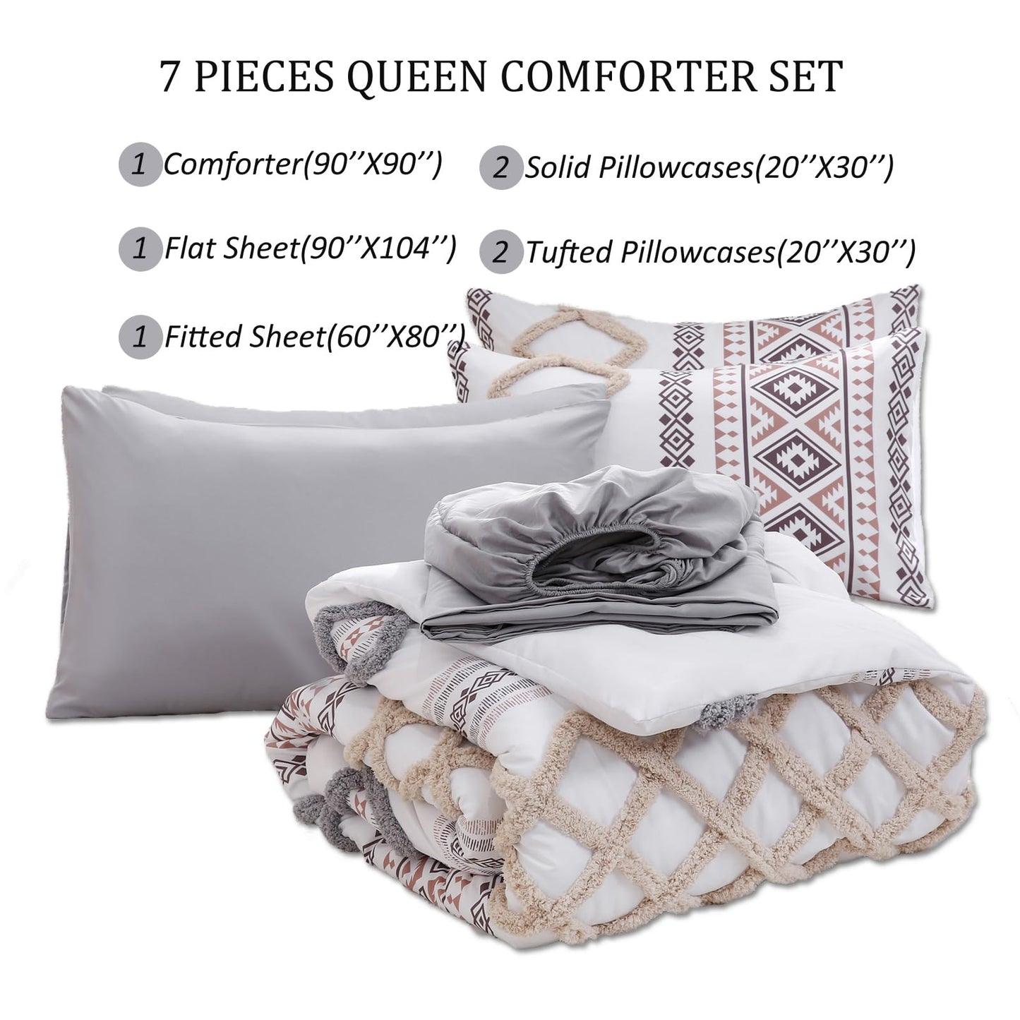 MOVE OVER Tufted Bed in A Bag Queen Size Gray and Cream Tufted Comforter Set 7 Pcs Diamond Grid and Boho Aztec Pattern Bedding Set Aesthetic Farmhosue Bedding Set for All Season