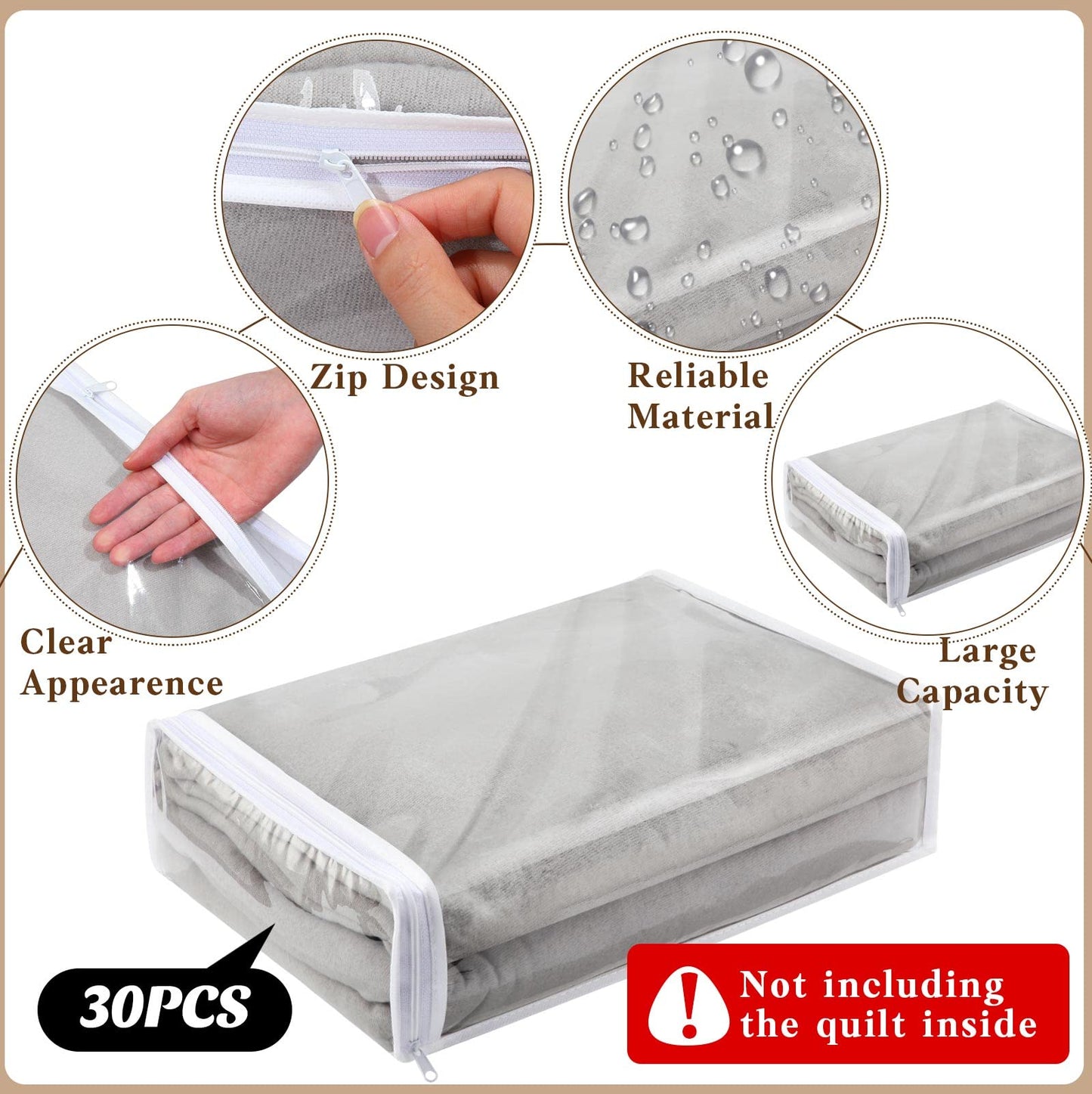 Riakrum 30 Pack Clear Zippered Storage Bags, 15x11x4 inches, Vinyl Plastic Sweater Sheet Organizers Storage Bags, PVC, for Clothes, Sheet, Blankets, Fabrics Organizers (White)