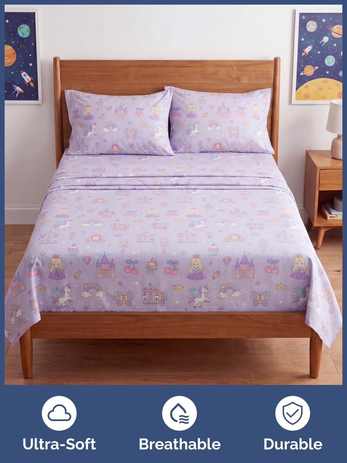 CGK Unlimited Kids Princess Dreamland Full 4 Piece Sheet Set - Boys, Girls, Teens, Toddler - Easy Fit Deep Pockets - Soft, Cooling & Breathable Sheets - Cozy, Fade & Wrinkle Free - Machine Washable