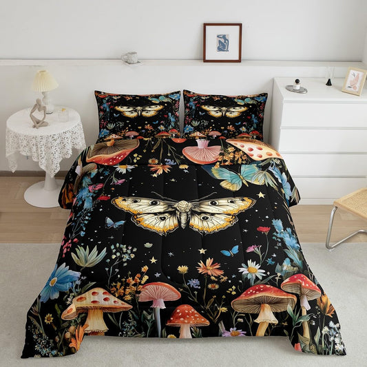 Feelyou Boho Moth Comforter Set for Kids Boys Girls Bohemian Butterfly Floral Comforter Queen Size Wild Mushroom Bedding Set Bedroom Boho Decor Duvet Set Quilt Set 3Pcs