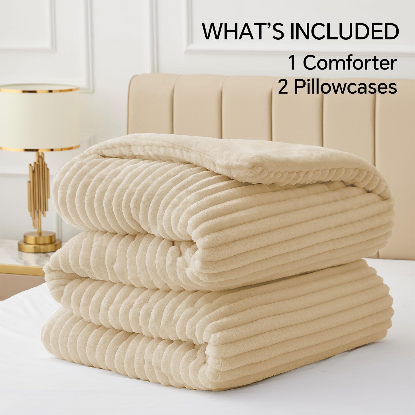 BEDELITE Fleece Queen Comforter Set -Super Soft & Warm Fluffy Beige Bedding, Luxury Fuzzy Heavy Bed Set for All Season with 2 Pillow Cases