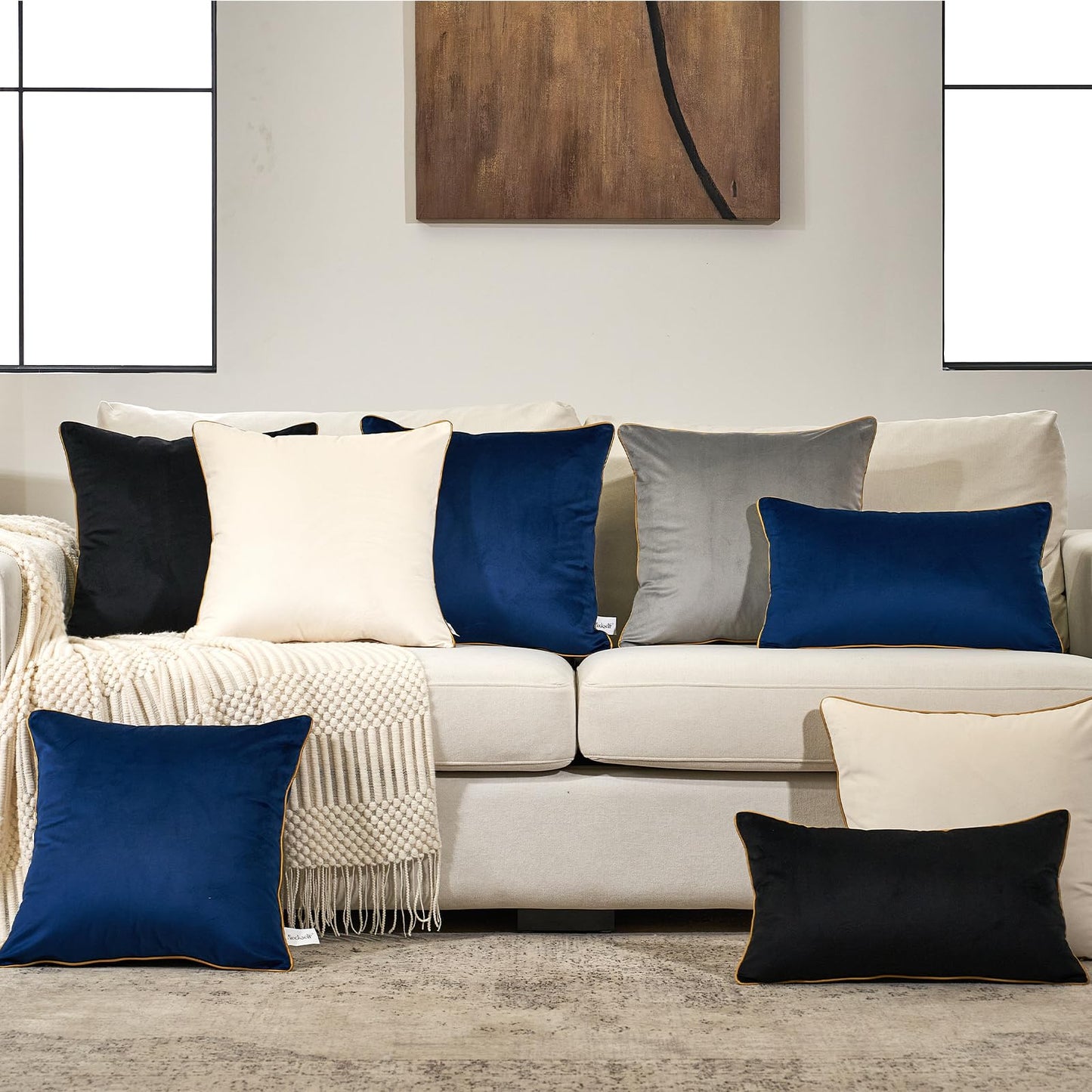 Aeckself Pack of 2 Luxury Velvet Navy Blue Lumbar Pillow Covers 12 x 20 Inch, Modern Decorative Pillowcase with Gold Trim Edge, Comfortable Soft Solid Cushion Case for Couch Bedroom Living Room