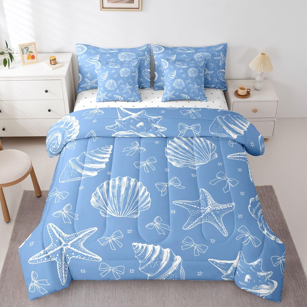 Feelyou Starfish Beach Comforter Set King Size 7 Pieces Blue Bow Shell Bedding Set for Kids Boys Girls Coastal Beach Ocean Bed in a Bag with Comforter, Sheets, Pillowcases, Cushion Covers