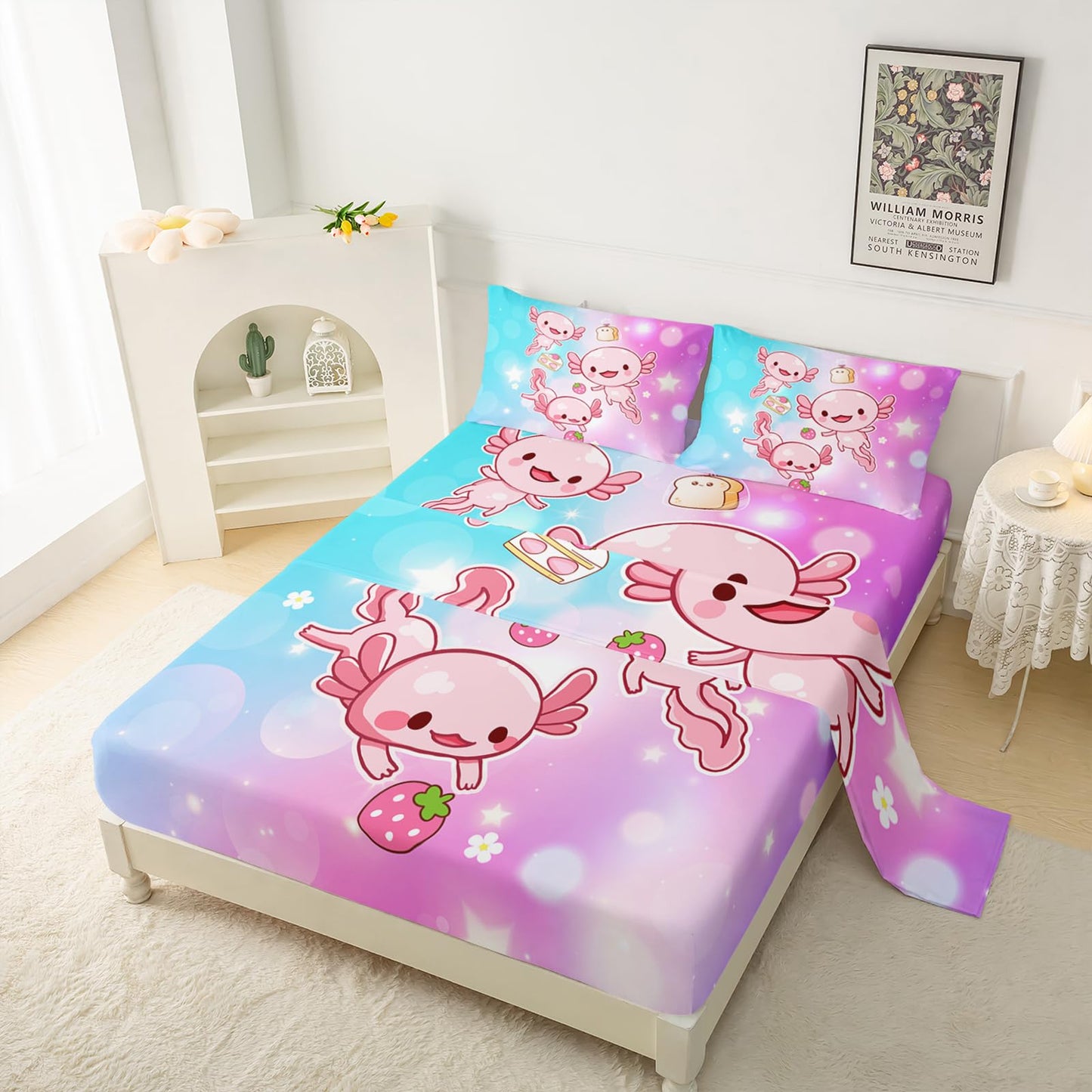 QOOMO Pink Axolotl Microfiber Flat Fitted Sheets Set for Children Strawberry Cake Super Soft Kids Bedding Set Gradient Bubble Room Decoration Queen Size 1 Fitted Sheet, 1 Flat Sheet, 2 Pillow Cases