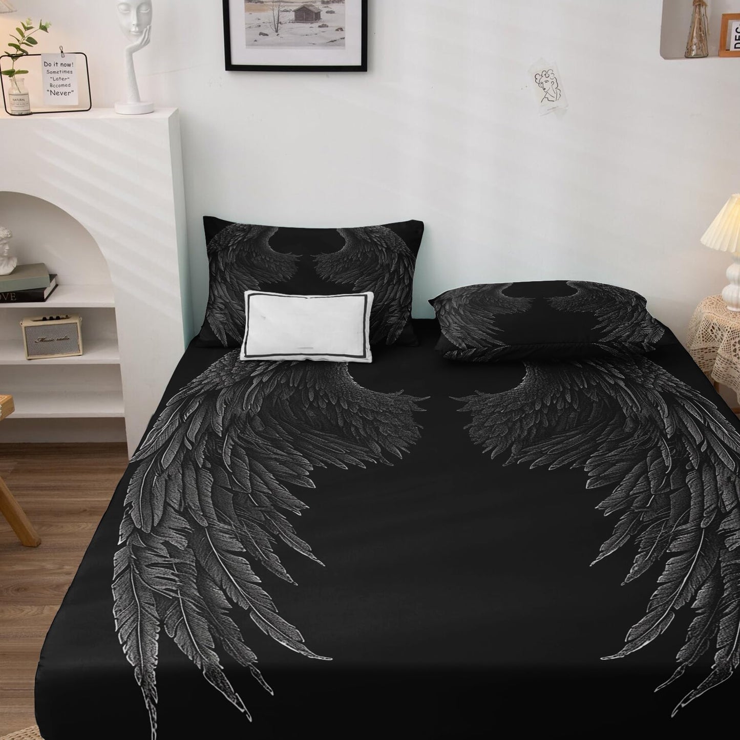 zcsm Angel Wings Sheets Queen Size - Black Angel Wing Bed Sheets, Soft Microfiber & Deep Pocket & Wrinkle Free Patterned Bedding Sheets & Pillowcases, 1 Fitted Sheet, 1 Flat Sheet, 2 Pillow Cases