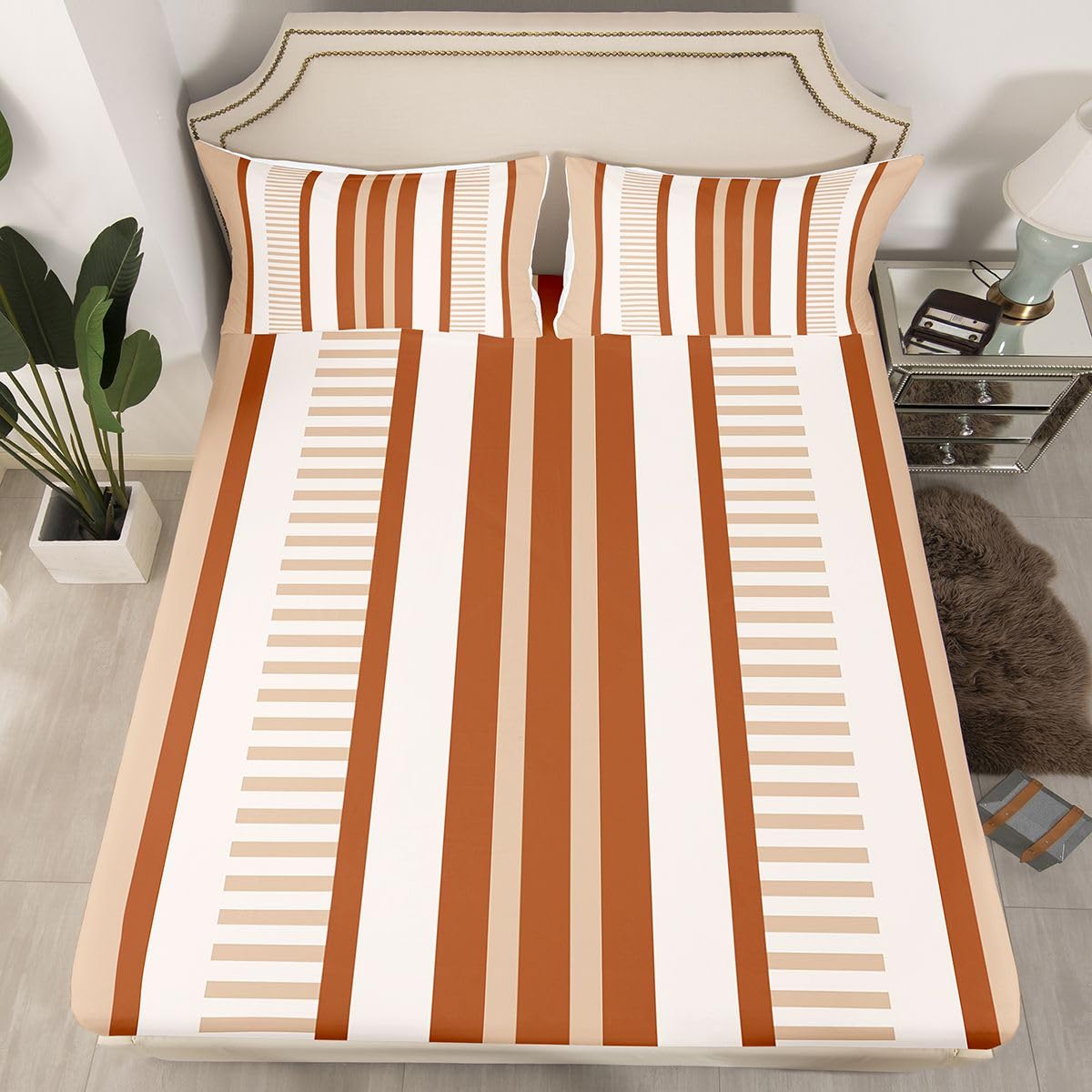jejeloiu Modern Geometric Bed Sheets Sets Full Size Kids Boys Girls Striped Bedding Set Beige Brown Bed Sheet Set with 16-Inch Deep Pockets Checkered 4Pcs with 2 Pillow Cases