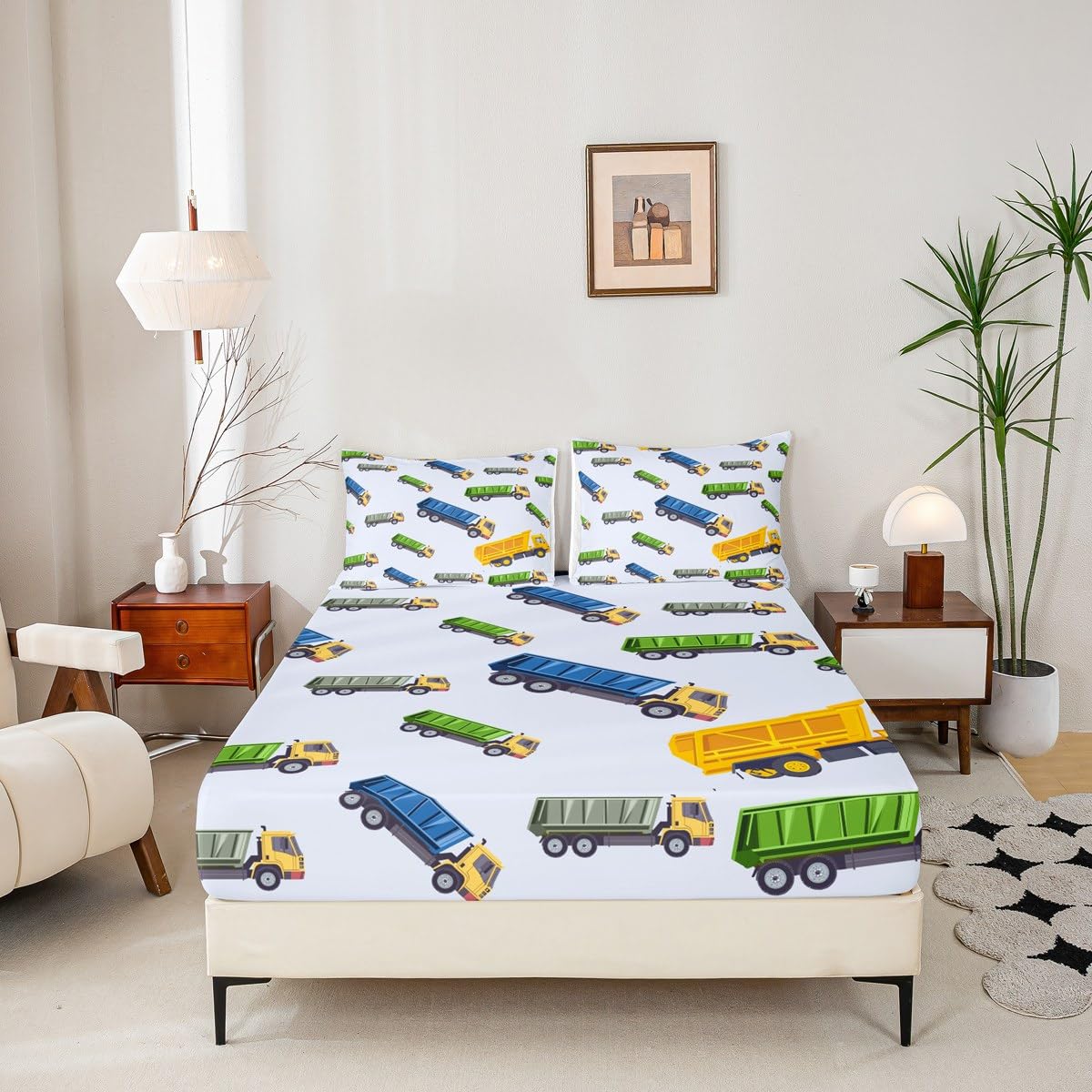 Cute Garbage Truck Bed Sheet Set - Cartoon Car Equipment Fitted Sheet for Boys Girls - Rubbish Vehicle Bedding Cover Full Size With 2 Pillow Cases