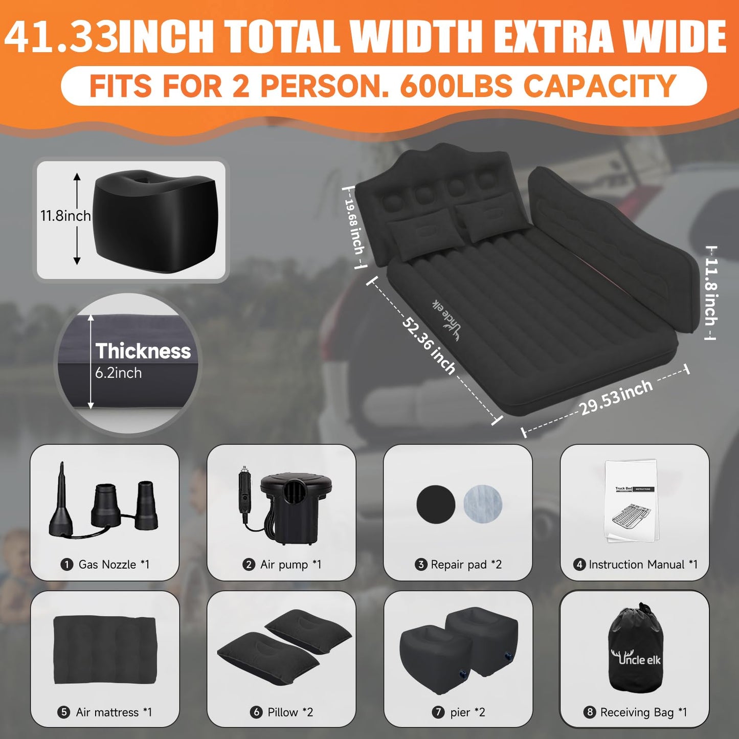 Uncle elk Car Air Mattress Bed - Inflatable Back Seat Air Mattress with Upgraded Wear-Resistant Pongee Bottom, Thick Camping Sleeping Pad with 2 Pillows & Air Pump, Fits Sedan/Truck/SUV, Black