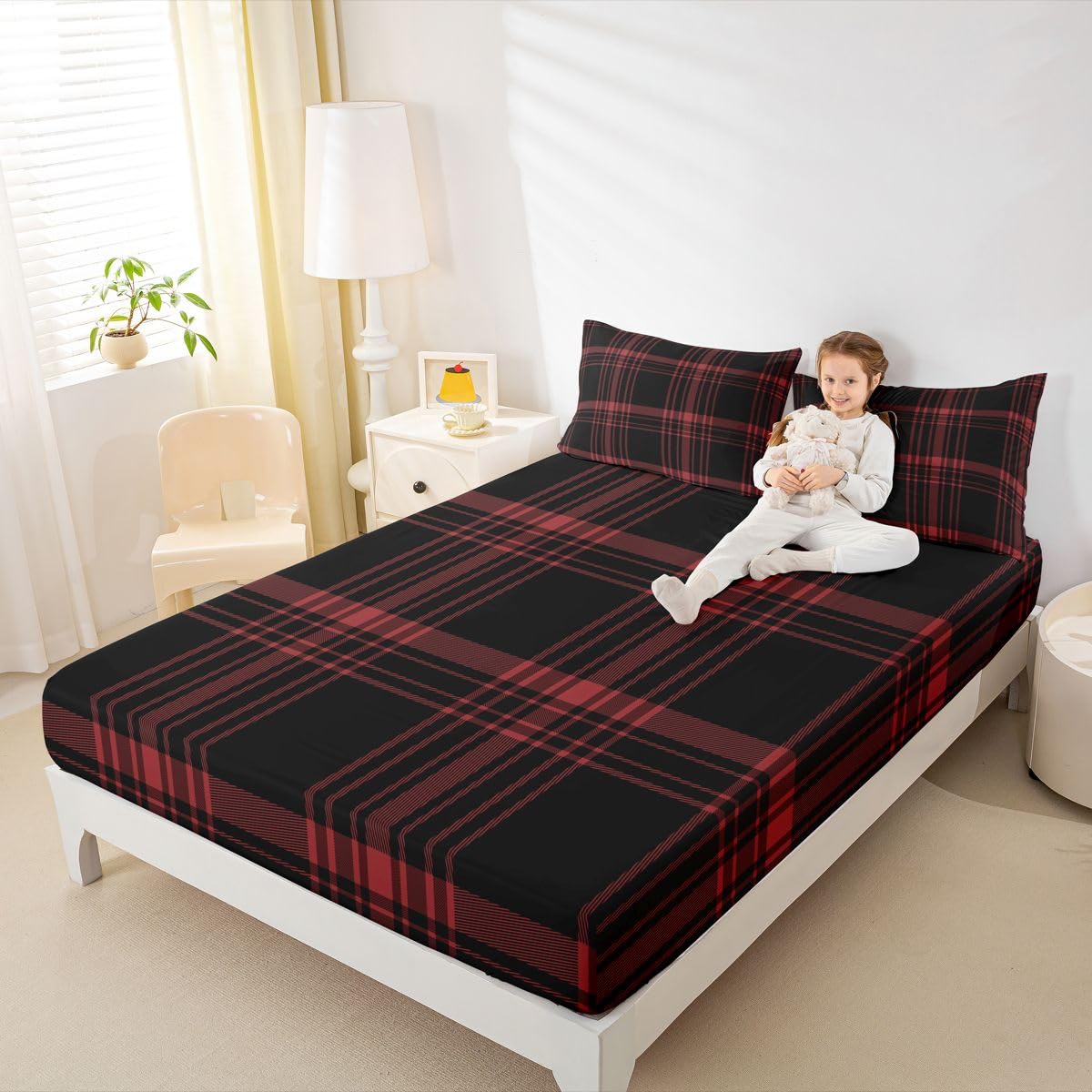 jejeloiu Classic Red Black Plaid Fitted Sheet with 1 Pillowcase Twin Size Checkerboard Bed Sheets Set 16" Deep Pocket Boys Girls Farmhouse Bedding Aesthetic Grid Teens Bedroom Decor Breathable