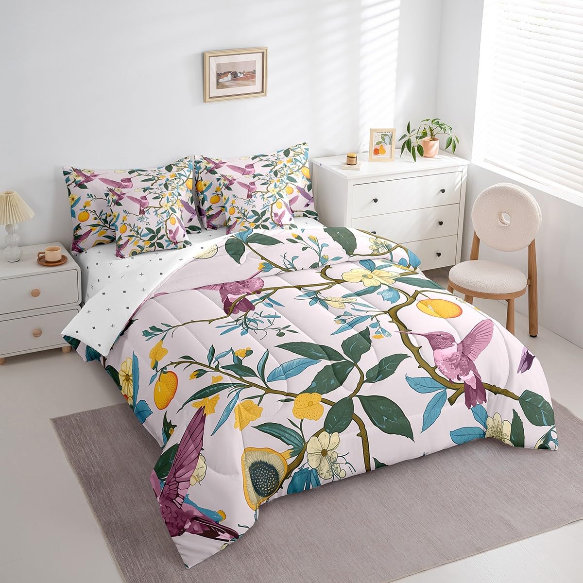 Pink Hummingbirds Bedding Set For Kids Teens,Lemon Tree Branches Comforter Set King Size,Oil Painting Fruit (Comforter+Fitted+Flat Sheet+2 Pillowcases+2 Throw Pillow Covers) 7 Pieces Bed Set