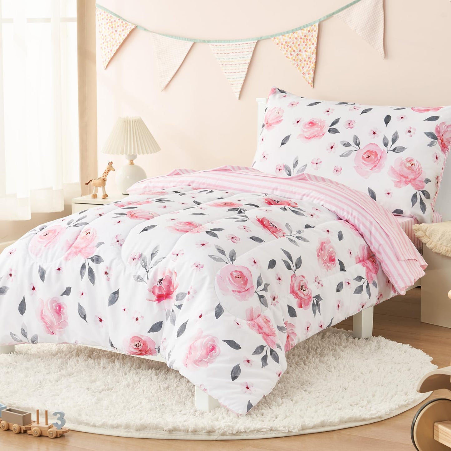 PHF 4 Piece Toddler Bedding Set, Ultra Soft Toddler Comforter Sets Include Comforter, Fitted Sheet, Flat Top Sheet and Pillowcase for Girls, Floral Bed in A Bag for Baby Bedroom, Floral