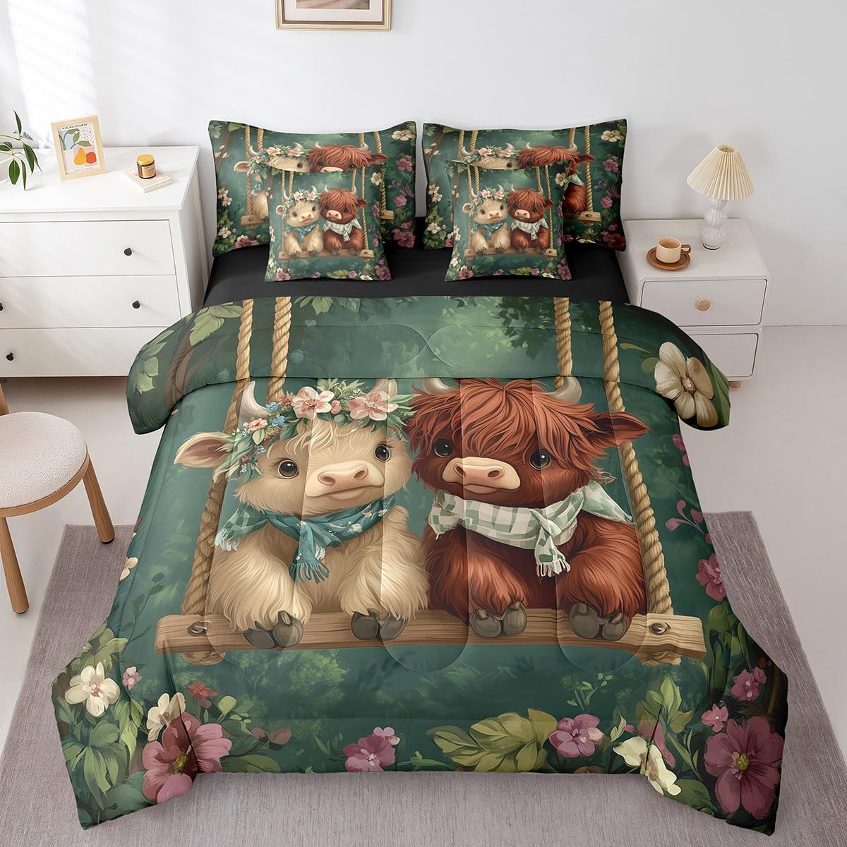 Erosebridal Highland Cow Comforter Set King Size,Western Cow Bedding Set for Kids Teens,Farmhouse Animal Bed in a Bag （Comforter, Sheets, Pillowcases & Cushion Covers）