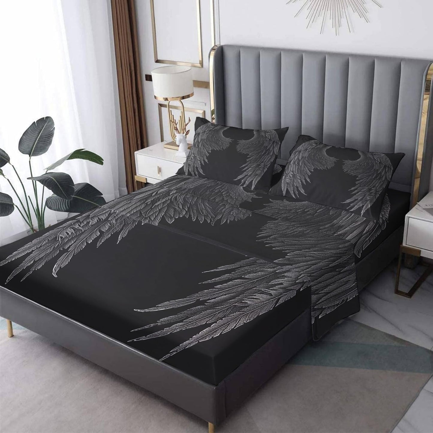 zcsm Angel Wings Sheets Queen Size - Black Angel Wing Bed Sheets, Soft Microfiber & Deep Pocket & Wrinkle Free Patterned Bedding Sheets & Pillowcases, 1 Fitted Sheet, 1 Flat Sheet, 2 Pillow Cases