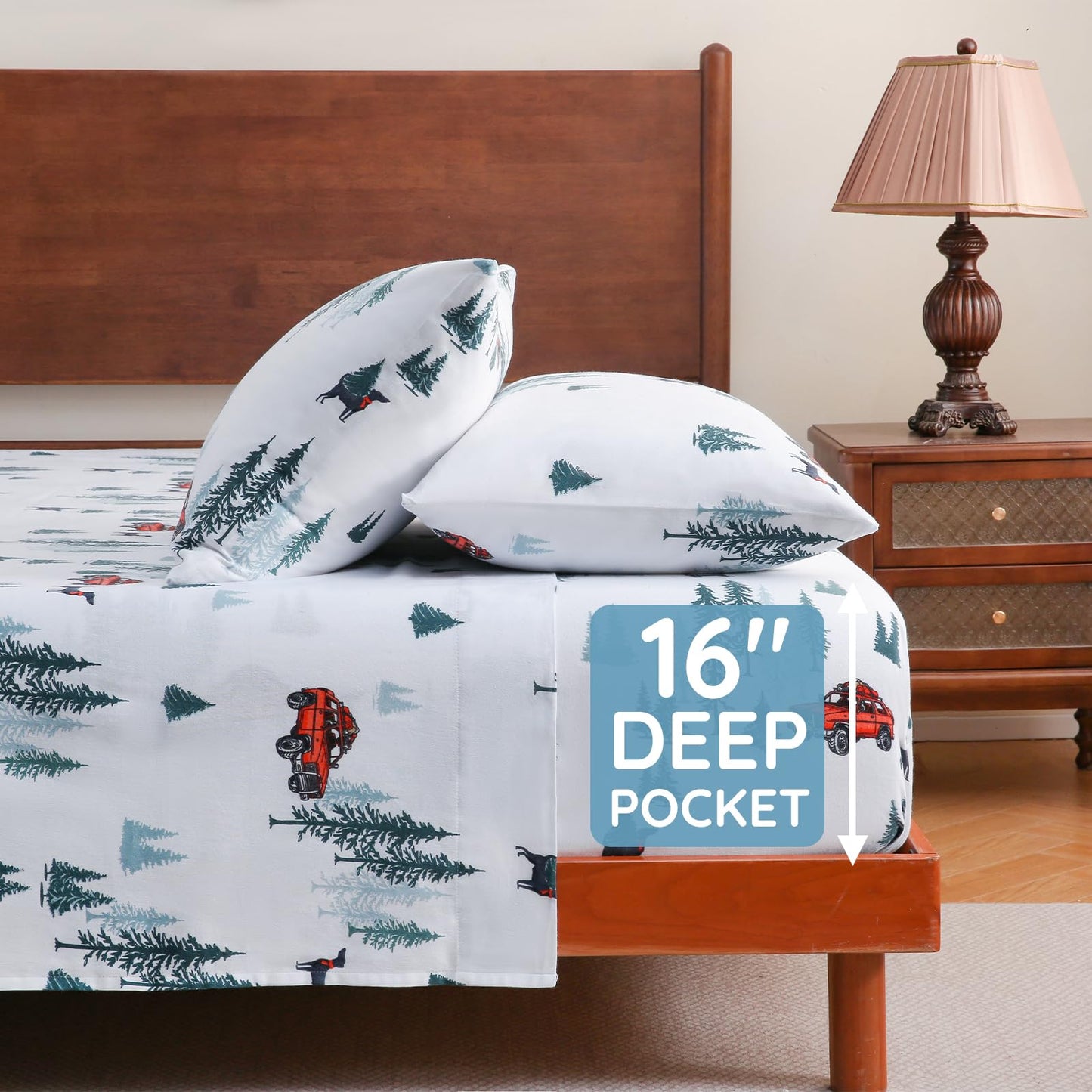 LONAVA 100% Cotton Flannel Sheet Set 4 Pieces, Heavy-Duty Fluffy Flannel Design, Thermal Lock Technology, 16 inch Deep Pocket Cozy Soft Bedsheets,(Twin,Forest Jeep)