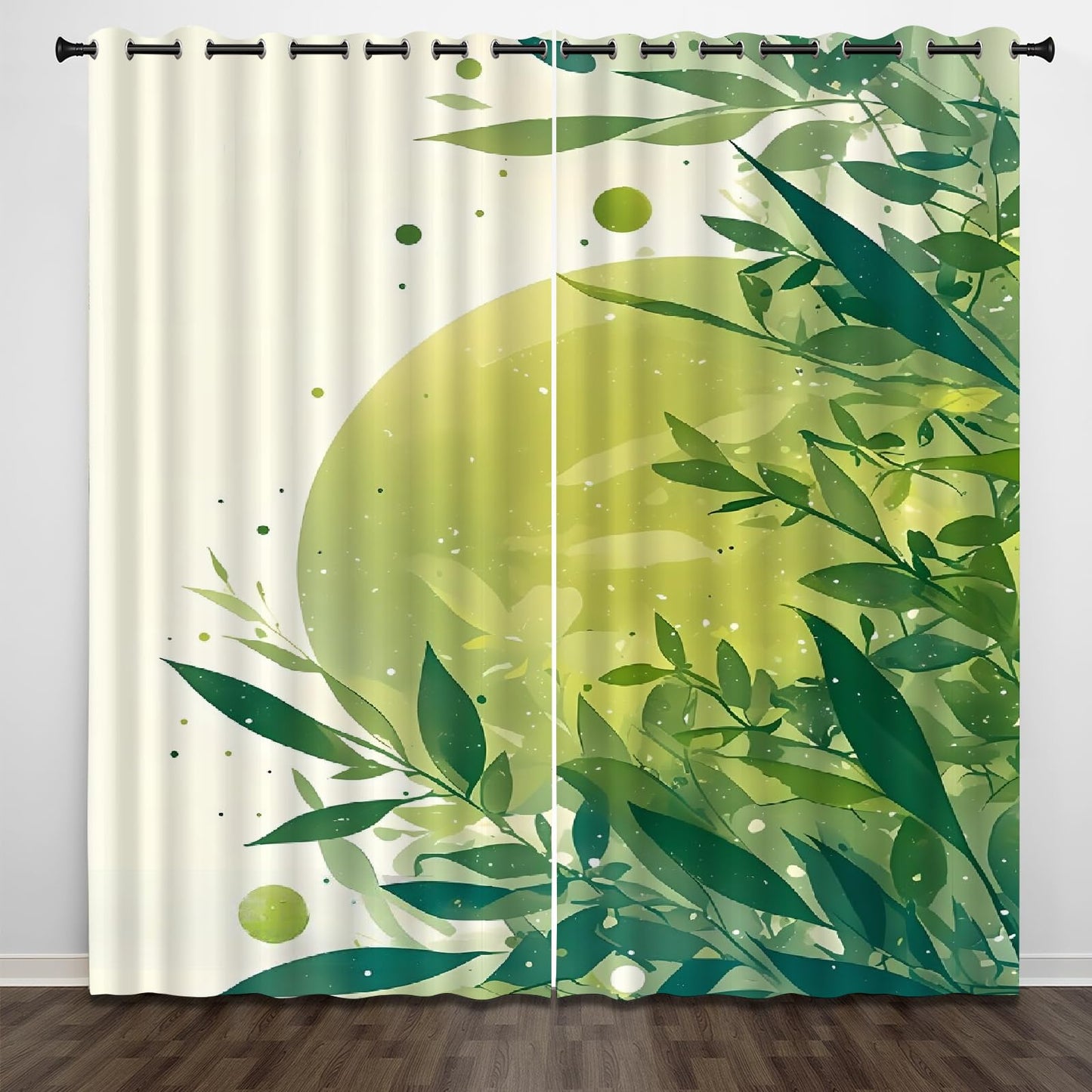 Green Plant Leaves Blackout Curtains, Bright Simple Background 3D Printed Top Grommet Drapes, 2 Panel Thermal Insulated Drapes for Sliding Glass Door Bedroom Living Room(52" W x 63 "L)