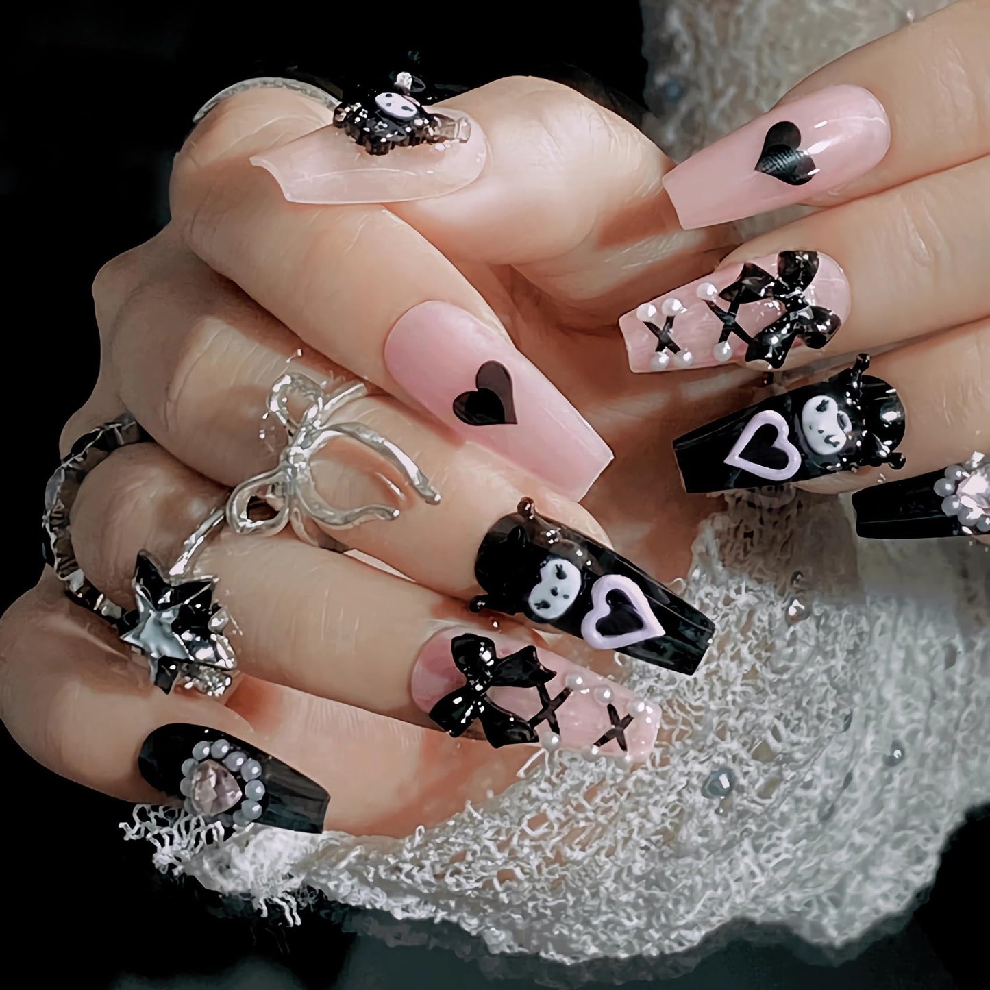 BABALAL Press on Nails Medium Coffin Fake Nails Black Gothic Glue ons Cute Heart Anime Charm Design Acrylic Nails 24Pcs Luxury Bling Ballerina Manicure DIY Goth False Nail for Women Girls