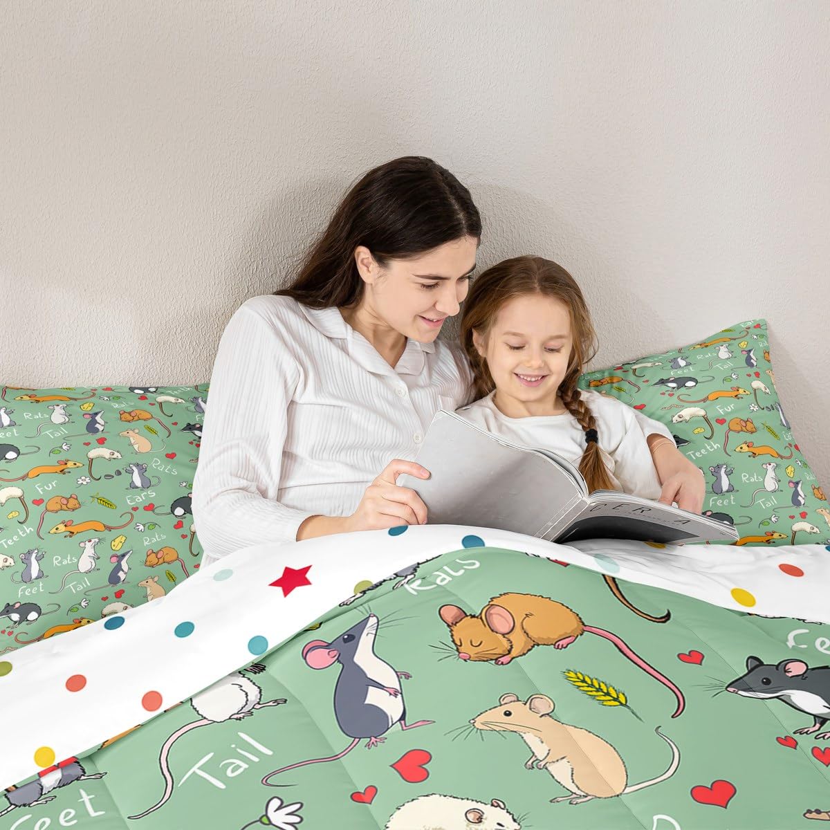 Erosebridal Kids Rat Comforter Set, Mouse Rodents Bedding Set Twin Size, Funny Animal Love Heart Duvet Sets for Boys Girls Children Bedroom, Cartoon Style Duvet Insert Decorative Room, Green