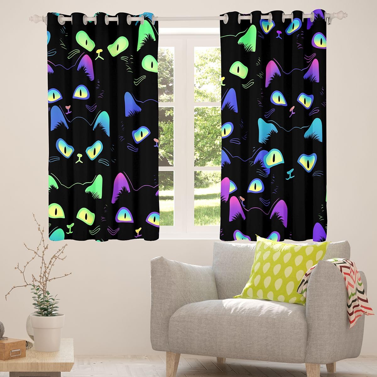 Feelyou Cartoon Cat Curtain for Bedroom Children Pet Cats Darkening Window Dreapes Cute Kitten Neon Light Blackout Curtains() Decor 3D Animal Cat Lover's Window Treatments (2 Panels, 52 x 84 Inch)