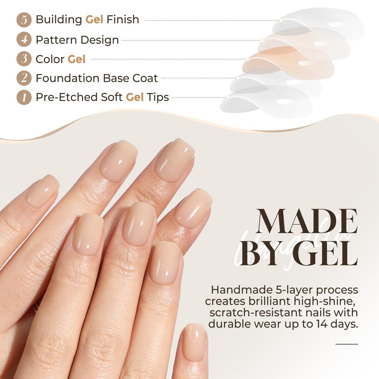 UNA GELLA Short Square Press On Nails: Nude Soft Gel Press Ons Short with Nail Glue, 16 Sizes - 32 Reusable Fake Nails Kit, Skin Tone Nude
