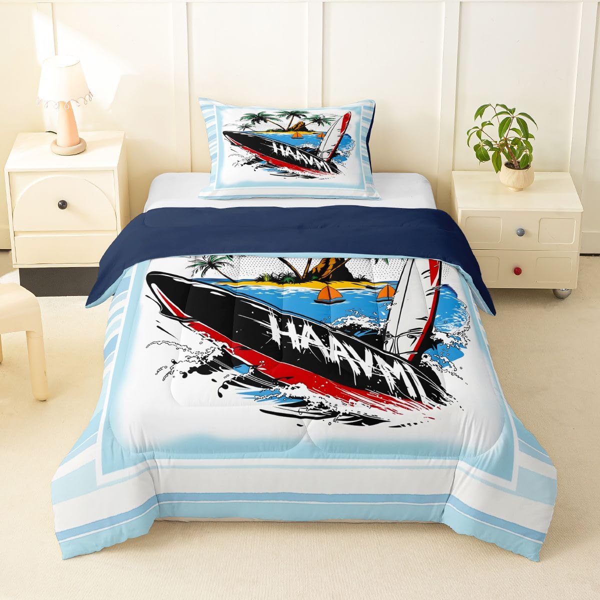 Erosebridal Hawaii Surfboard Toddler Comforter Set Retro Tropical Surfing Sport Bedding Set Summer Surf Fresh Striped Comforter,Beachy Room Decor Aesthetic Quilt Duvet