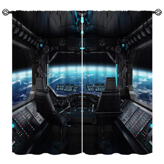 YSWOW Spaceship Curtains Galaxy Futuristic Science Spacecraft Cabin Art Printed Window Drapes for Kids Boys Bedroom Decor Fabric 2 Panel W21xL45in