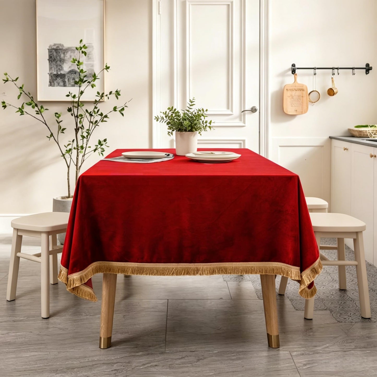 FAIRY KAARI Velvet Tablecloth Luxurious Red Rectangle Table Tablecloth Thickset with Luxurious Gold Tassels Table Cloth for Home Decor Christmas Wedding, Party, Banquet and Events 55X70inch
