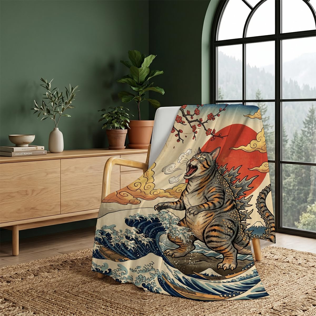 Yujiiso Retro Ukiyo-E Catzilla Blanket, Soft Flannel Fleece Throw 50" x 60"