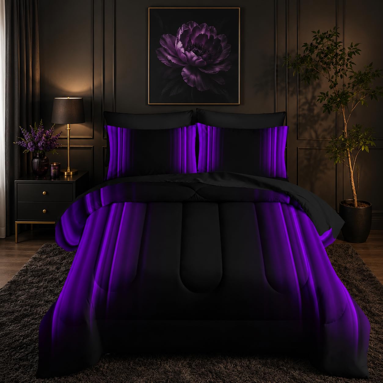 Nttopship Purple and Black Bedding Set King Size Abstract Ombre Comforter Set Bedding Set 7 Piece in A Bag,Dark Quilt Set Mordern Art Decor All Seasons with Pillowcases,Flat, Fitted Sheet