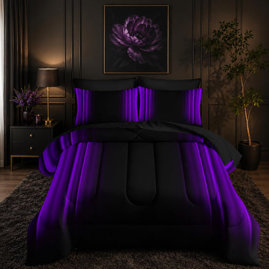 Nttopship Purple and Black Bedding Set King Size Abstract Ombre Comforter Set Bedding Set 7 Piece in A Bag,Dark Quilt Set Mordern Art Decor All Seasons with Pillowcases,Flat, Fitted Sheet